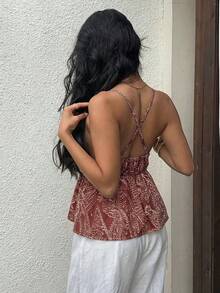 Sunnyshic Áo hai dây nữ mùa hè, phong cách boho, họa tiết, hở lưng, viền bèo nhún, kiểu dáng thường ngày. - Màu đỏ tím - Xem 2