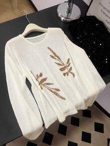 GlowEve Minimalist Embroidered Round Neck Loose Fit Relaxed Long Sleeve Pullover Sweater, Versatile For Women In Spring/Autumn - Apricot - View 3