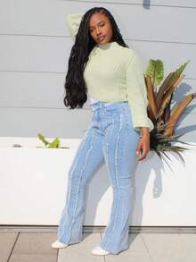 Steph T Suéter de cuello redondo con mangas de campana en color verde claro, versátil - verde menta - Ver 6