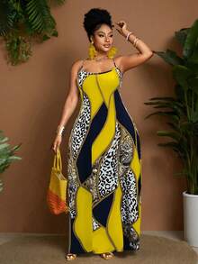 Maweii Plus Size Women Summer Bohemian Vacation Style Patchwork Leopard Paisley Contrast Print Sleeveless Dress - Yellow - View 4