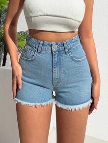 SHEIN Cottnline شورت جينز قصير بخصر عالي وحافة مهترئة بتفاصيل دقيقة، أزرق فاتح، كاجوال صيفي للعطلات - أزرق فاتح - مشاهدة 7