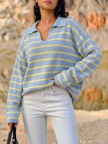 EURMUSE Áo len nữ dáng suông cổ bẻ kẻ sọc, vai rớt, thích hợp mặc mùa thu/đông. - Nhiều màu - Xem 5