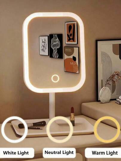 Teckwe 1pc Adjustable LED Makeup Mirror, Smart 3-Color Lighting Brightness Adjustable, One-Touch Rechargeable Vanity Mirror, High Definition Tabletop Mirror, Portable With Storage Tray, Suitable For Bedroom, Nightstand, Dorm, Great Gift For Mother's Day, Birthday