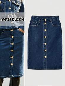 Maija 女士蓝色牛仔中长裙，低腰设计，饰有金属扣环，优雅时尚 - 深色水洗藍 - 查看 1
