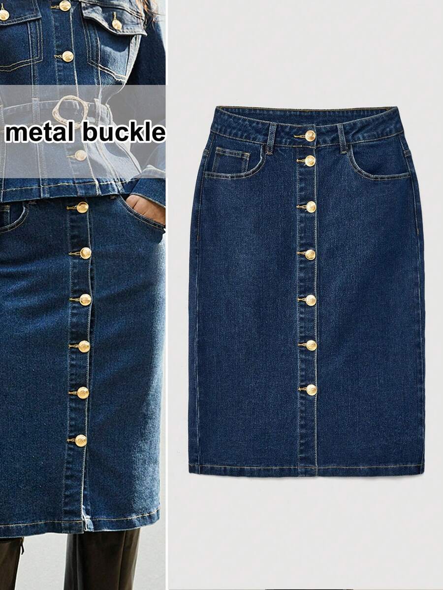 Maija 女士蓝色牛仔中长裙，低腰设计，饰有金属扣环，优雅时尚 - 深色水洗藍 - 查看 1