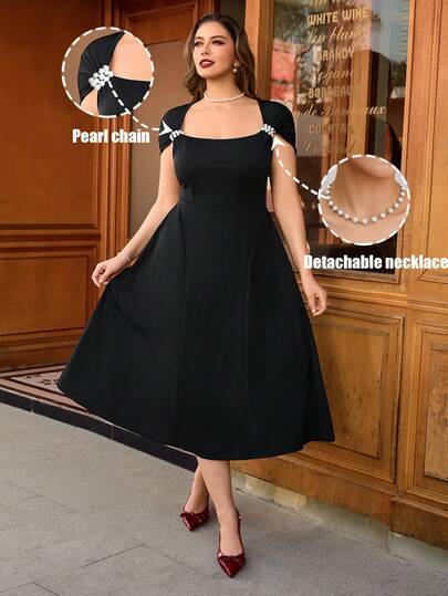 Auvina 优雅珍珠装饰短袖A字修身连衣裙，女士春夏款