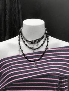 Sunspun 大码女式性感条纹不对称肩长袖休闲条纹面料高弹舒适街头时尚短款灰色连衣裙 - 彩色 - 查看 4