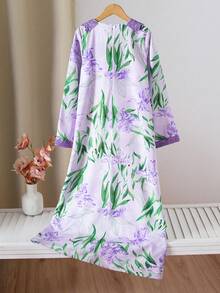 SHEIN 一件少女度假风全身印花蕾丝拼接长袖连衣裙 - 淡紫色 - 查看 2