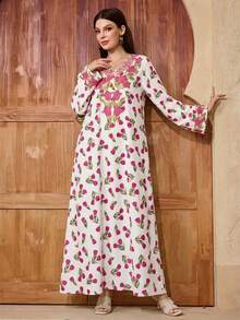 Al Najma Women's V-Neck Floral Print Casual Modest Party & Outing Arabic Style Dress - Multicolor - View 5