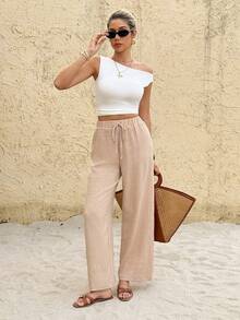 SHEIN Frenchy 女士休闲度假通勤纯色系带阔腿裤，百搭 - 杏色 - 查看 6