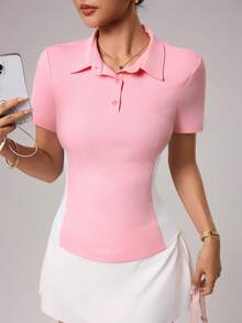 CourtClass Women's Solid Color Button Golf Polo Shirt, Fitted Short Sleeve, Summer - Pink - View 8