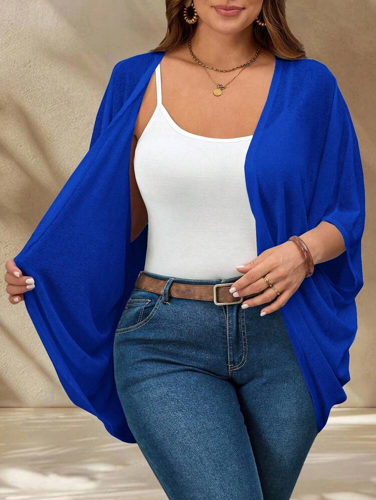 Plus Size Vacation Solid Color Asymmetric Hem Batwing Sleeve Casual Jacket,Spring/Summer Summer Cardigan Plus Size Royal Blue Cardigan