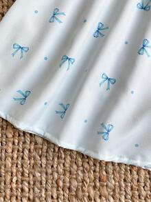 2件套幼儿女童宽松浅蓝色蝴蝶结花卉印花优雅蕾丝边长袖上衣和裤子睡衣套装 - 淺藍色 - 查看 6