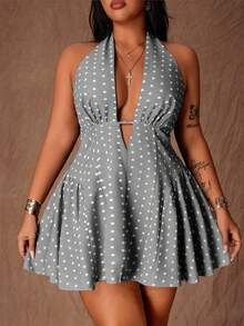 Rustia 大码女式波点露背吊带性感收腰派对连衣裙 - 灰色 - 查看 3