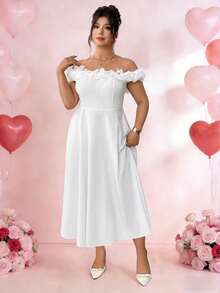 SHEIN PETITE CURVE 大码女士优雅露肩碎花连衣裙，适合约会和外出穿着 - 白色 - 查看 8