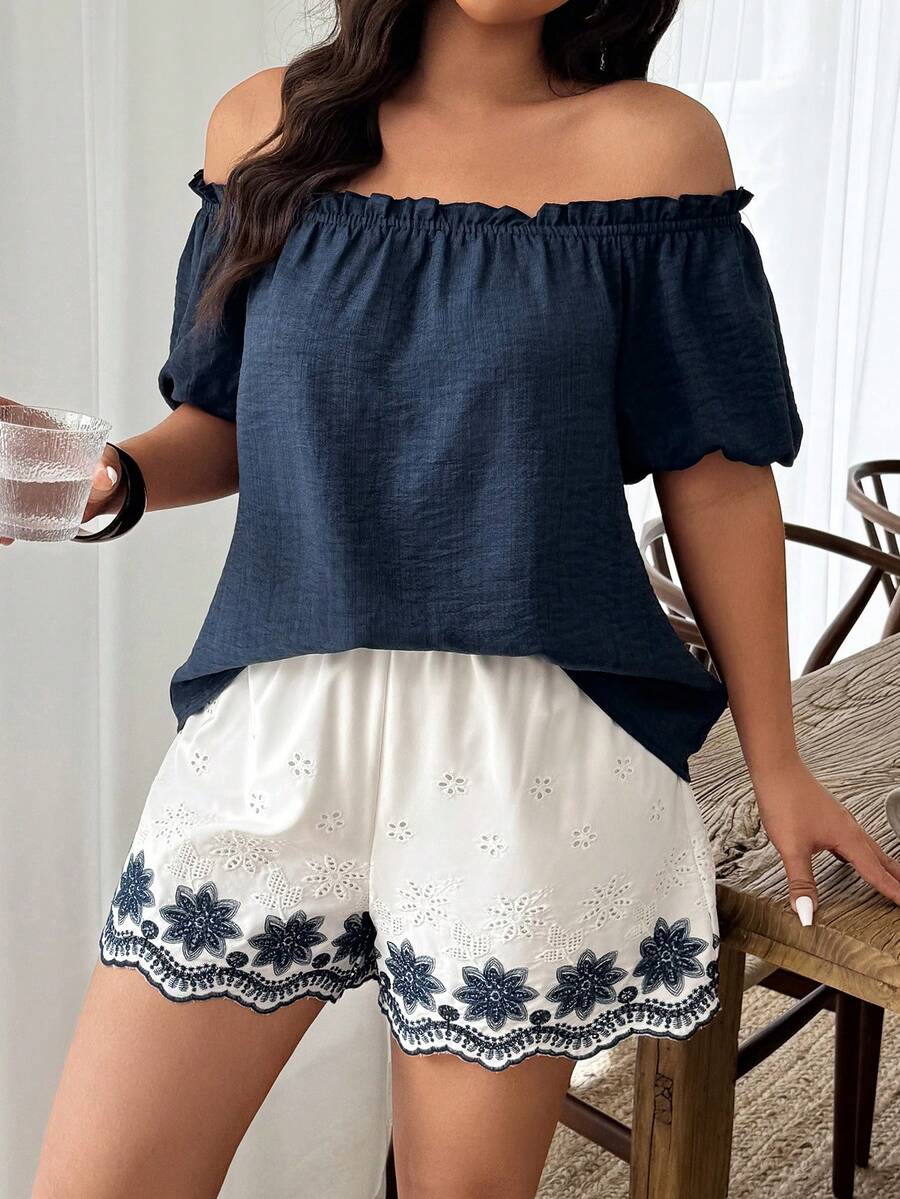 Weeklong Plus Size Women Spring/Summer Matching Contrast Color Eyelet Embroidery Casual/Work Suit Set - Multicolor - View 1
