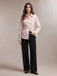 BizChic 2026 Spring/Summer New Arrival Pink Shirt Collar Front Button Down Asymmetric Cut Criss-Cross Binding Design Waist Cinched Slimming Women's Shirt, Romantic Casual Chic Elegant For Party And Office Commute - Pink - View 4