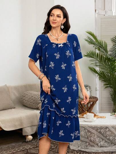 SHEIN 蓝色碎花印花女士休闲短袖睡裙