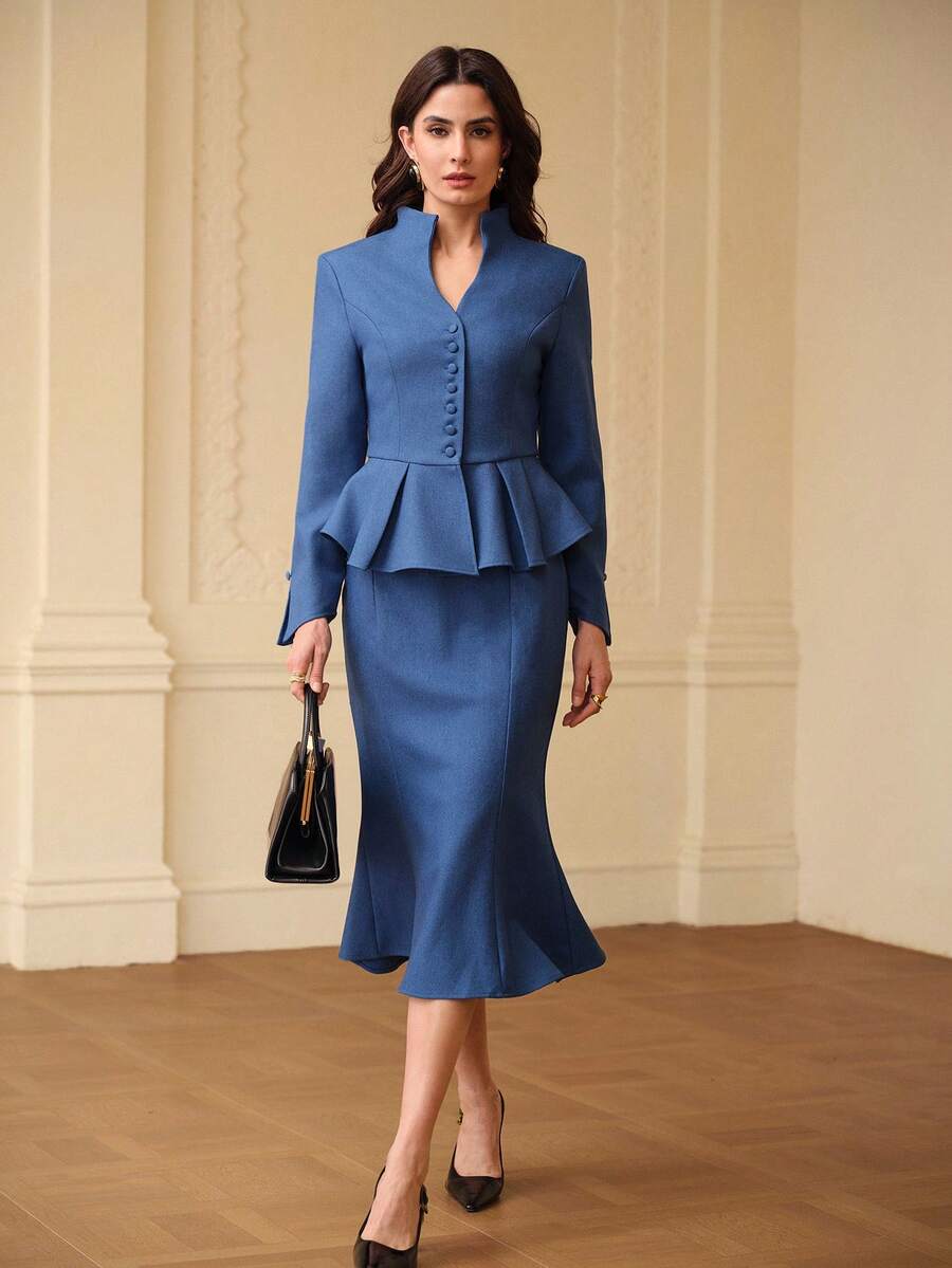 ZEYLAH 两件套/组：收腰X型西装外套和修身半裙，秋冬款 - 藍色 - 查看 1