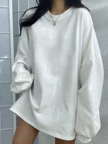DAZY 纯色落肩超大套头衫、长袖上衣、秋装、返校服运动衫 - 白色 - 查看 7