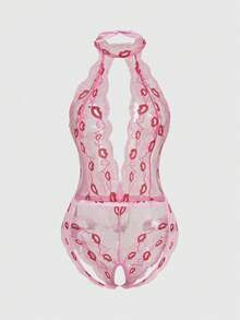 ROMWE Kawaii 女士性感唇印露裆吊带连体裤 - 粉色 - 查看 2