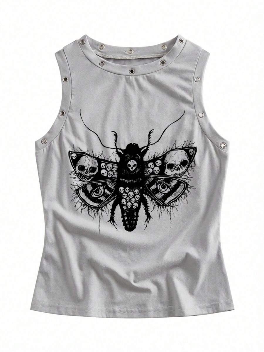 Y2Kool Robin 女士时尚街头休闲印花无袖上衣，饰有金属孔眼，夏季按扣上衣，印花上衣，运动上衣，派对上衣，灰色印花背心，金属孔眼上衣，搭配建议，时尚服装系列，新年装扮，辣妹棉质 - 彩色 - 查看 1