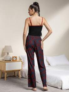 BATMAN X SHEIN 女士撞色滚边蝙蝠印花吊带背心和松紧腰裤睡衣套装 - 紅色 - 查看 2