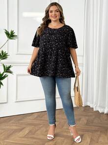 SHEIN CURVE+ 大码女式碎花圆领短袖休闲衬衫，夏季女装，度假女装，波西米亚风假日装，秋季女装，秋季服装，教师装 - 彩色 - 查看 7