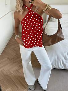 SHEIN EZwear Áo không tay in hình trái tim, kiểu dáng cổ điển thanh lịch, đa năng, ấm áp, thích hợp cho ngày Valentine, dành cho nữ, thoải mái cho mùa xuân/hè. - Nhiều màu - Xem 5