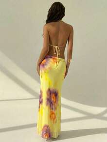 Aloruh 女士性感印花露背吊带上衣和半身裙两件套，夏季 - 彩色 - 查看 2