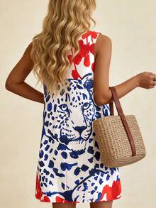 INAWLY 女士豹纹圆领休闲无袖迷你连衣裙 - 彩色 - 查看 2
