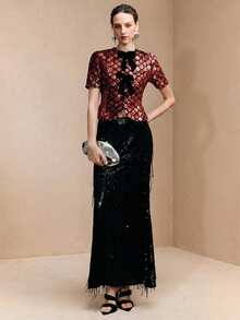 Arave Women's Velvet Sequined Top,Straight Shoulders,Fitted Waist,Puff Sleeves,Bow Design,Elegant Party,Summer,New Year,Modern Red And Black Party Top - Red - View 7