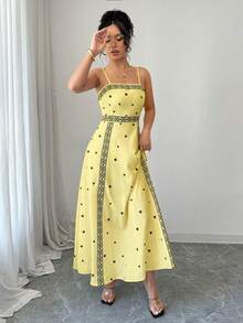 Elenzga Vestido de tirantes finos con cintura ceñida y estampado, para primavera/verano - Multicolor - Ver 4