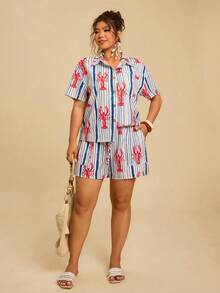 Travachic Bộ đồ thể thao 2 mảnh dành cho nữ cỡ lớn, họa tiết sọc, cổ ve áo, in hình tôm hùm, gồm áo ngắn tay cài cúc và quần short, thích hợp cho kỳ nghỉ. - Xanh và trắng - Xem 6