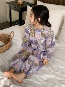 DAZY Young Girl Round Neck Ruffle Rabbit & Floral Print Lantern Sleeve Top And Wide Leg Drawstring Pants Casual Loungewear Pajama Set Spring - Purple - View 4