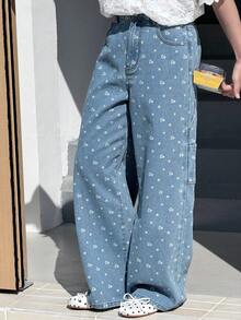 DAZY Tween Girls' Ditsy Floral Pocket Loose Wide Leg Casual Jeans - Blue - View 7