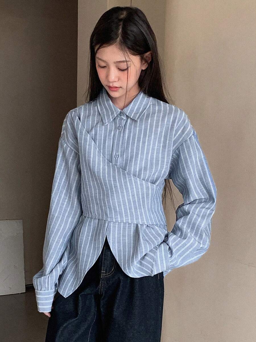 DAZY Teen Girl Striped Lapel Asymmetrical Hem Casual Versatile Daily Wear Long Sleeve Shirt - Blue - View 1