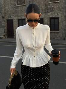 DAZY Elegant Ruffle Hem White Blouse For Women - White - View 4