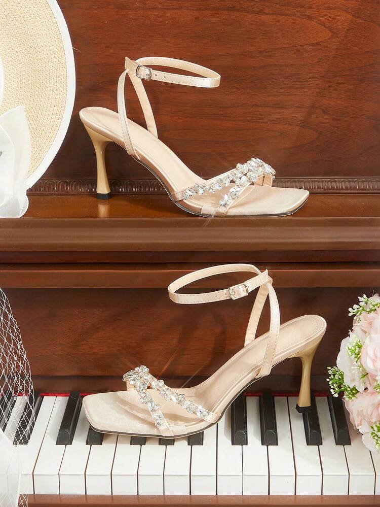 CUCCOO HITCHD Women's Green Crystal Square Minimalist Strap Square Toe Stiletto Mid Heel Pumps, Elegant Casual Comfortable Slip-On Office Commute Dress Shoes, Pink Leather Sandals Suitable For Date, Party, Afternoon Tea, Formal Occasions Valentine's Day Elegant Shoes Wedding Shoes Summer Shoes Bride Shoes