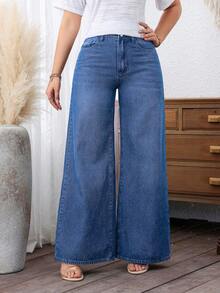 Plus Size Women's Casual Wide Leg Jeans With Pockets - Medium Wash Blue - View 7