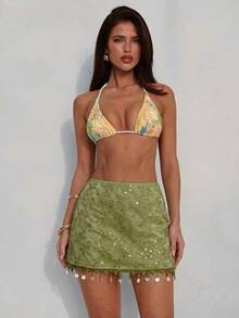 Aloruh 优雅亮片流苏沙滩迷你裙，女士 - 綠色 - 查看 8