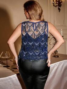 Auralis Plus Size Women's Fashionable Sleeveless Top With Sequin Decor, Summer Blue Sequin Top Blue Sparkly Top Navy Blue Top Dark Blue Top Plus Size Club Spring Women Spring Top For Elegant Women Elegant Top For Valentine's Day - Navy Blue - View 2