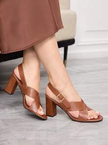 Sleekvia 新款棕色圆头粗跟露趾时尚爆款木纹交叉绑带女式高跟凉鞋 - 棕色 - 查看 6