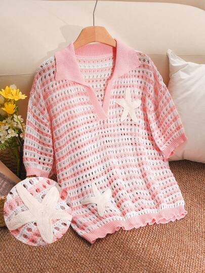 CosyJoli Suéter de cuello redondo de punto con diseño hueco y estilo romántico casual elegante al estilo francés para mujeres de talla grande