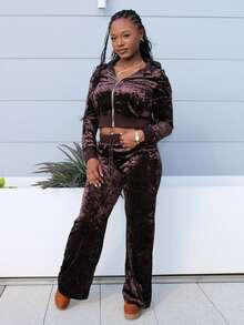 Steph T Women's Velvet Hoodie Jacket And Flared Slim Fit Pants Set, Casual American Style, Autumn/Winter - Brown - View 1