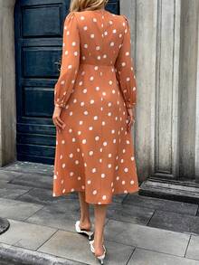 SHEIN PariChic 优雅通勤波点印花蕾丝边连衣裙 - 卡其色 - 查看 2