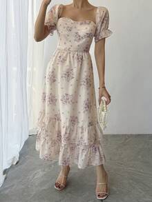 DAZY Đầm maxi mùa hè in hoa thanh lịch với viền xếp ly, trang phục đi nghỉ mát phong cách boho dành cho nữ. - Hồng - Xem 4