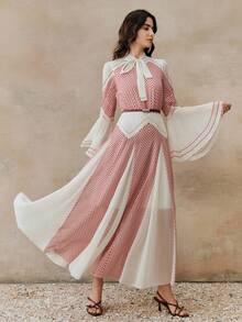 Anewsta 条纹喇叭袖系带腰身设计女士长裙 - 紅色 - 查看 2