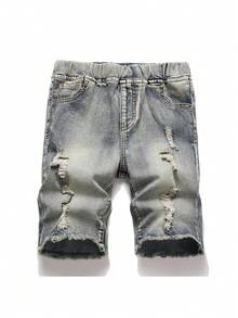 SHEIN 青少年男孩时尚休闲复古酷炫街头镂空破洞磨边复古蓝色弹力牛仔短裤，适合日常穿着以及春夏锐舞节和街头潮流，2026春夏新款 - 藍色 - 查看 3