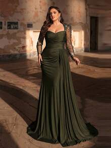 Glamrae Plus Size Elegant Luxurious Diamond Design Sheer Long Sleeve Ruched Mermaid Dress, Suitable For Weddings, Parties, Vacations, Bridal Shower, Mother Of The Bride Gowns - Green - View 4